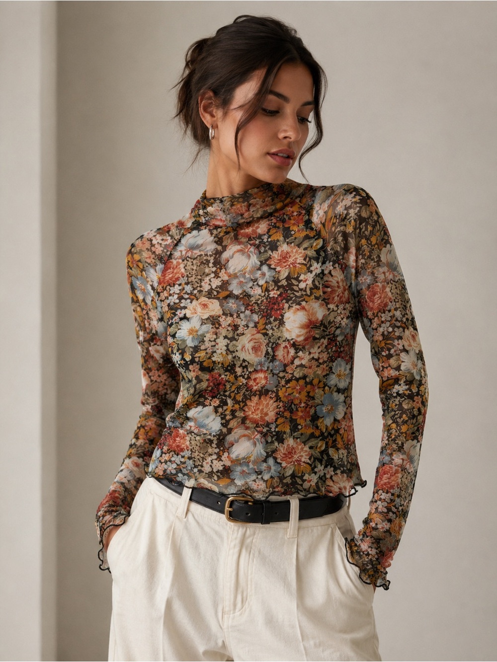 Promesa Western Festival Layering Floral Mesh Long Sleeve Top in Black Multi S